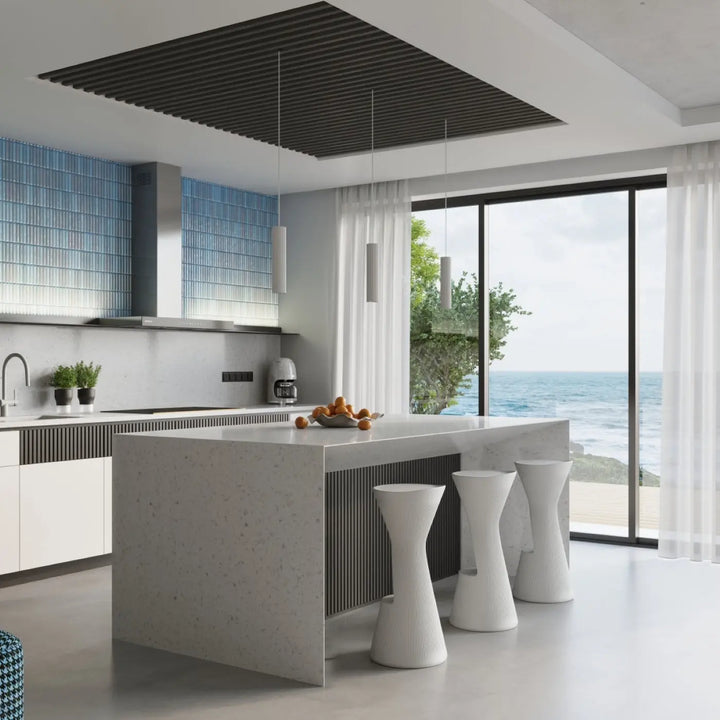 White ceramic bar stools with a sleek modern design complement plafonnier karbon 20 blanc with ampoules gu10 interchangeables and design minimaliste