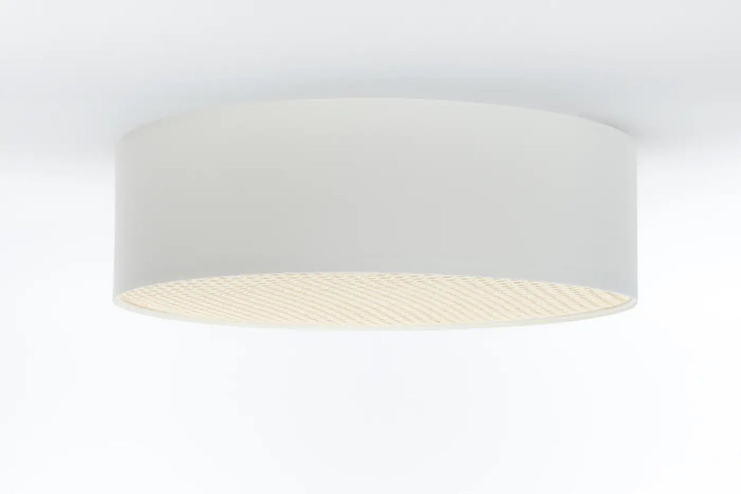 Luminaire plafonnier blanc perle avec diffuseur intérieur texturé en forme cylindrique pour un éclairage élégant