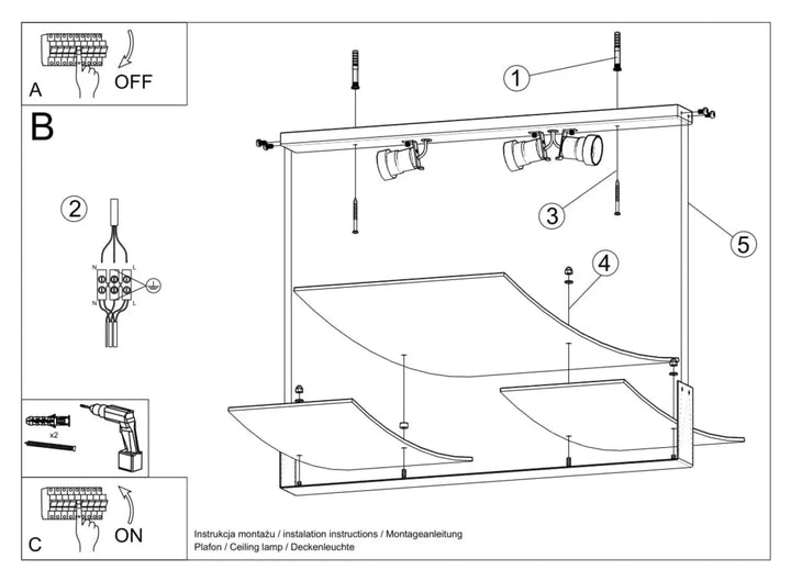 Le diagramme montre lassemblage dun plafonnier fonctionnel celia blanc avec panneaux lumineux incurvés et fixations murales