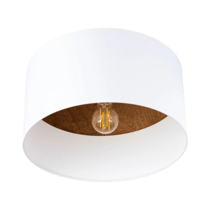 Luminaire plafonnier telesto blanc avec abat-jour cylindrique bois foncé et ampoule filament design minimaliste