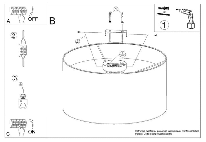 Le diagramme montre les composants et étapes de montage du plafonnier telesto blanc design minimaliste avec fixation plafond