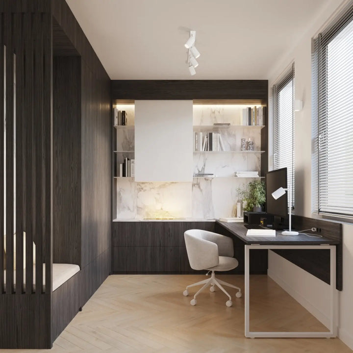 Plafonnier karbon allie design minimaliste blanc avec ampoules gu10 interchangeables au-dessus d un bureau minimaliste noir et chaise grise
