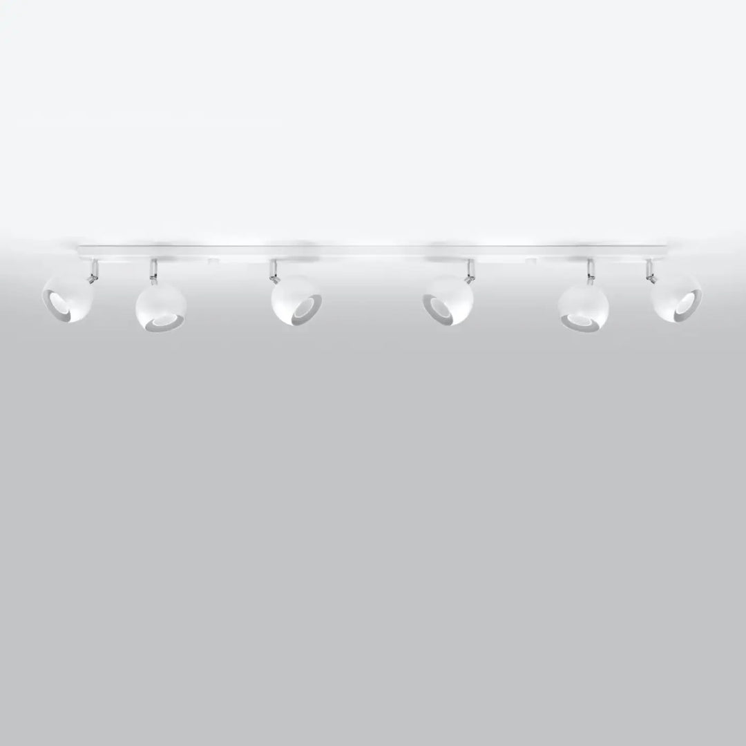 Plafonnier moderne oculare 6l blanc avec six spots oculare exactement ajustables sur barre métallique design original