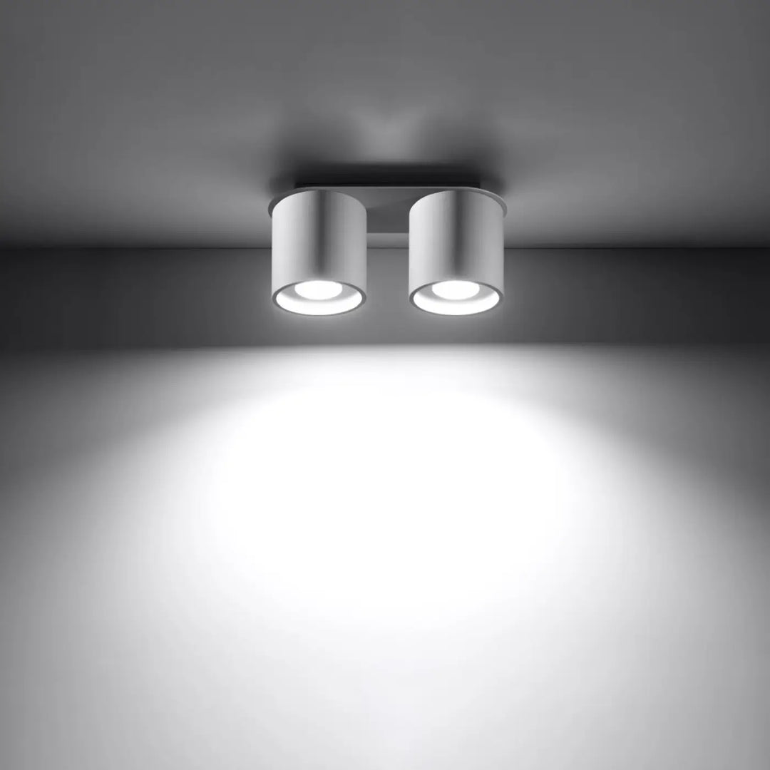 Luminaire plafonnier orbis 2 blanc avec deux têtes cylindriques modernes en bois naturel diffusant une lumière vive ciblée