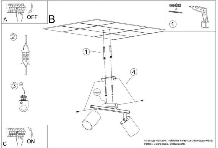 Le diagramme montre lassemblage dun plafonnier lemmi 2 blanc avec module led et deux spots réglables pour une lumière conviviale