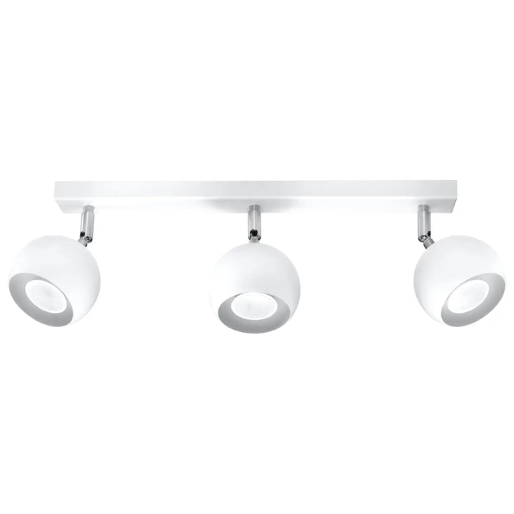 Plafonnier moderne oculare 3 blanc trois spots avec bras ajustables chrome et abat-jours sphériques en verre dépoli éclairez précisément avec un design original