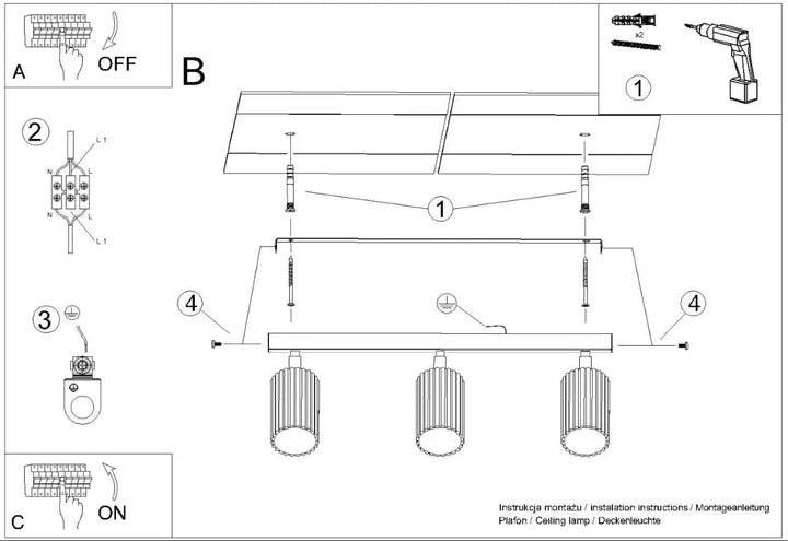 Schéma d’installation d’un plafonnier karbon 3l blanc avec trois lampes cylindriques à ampoules gu10 interchangeables design minimaliste