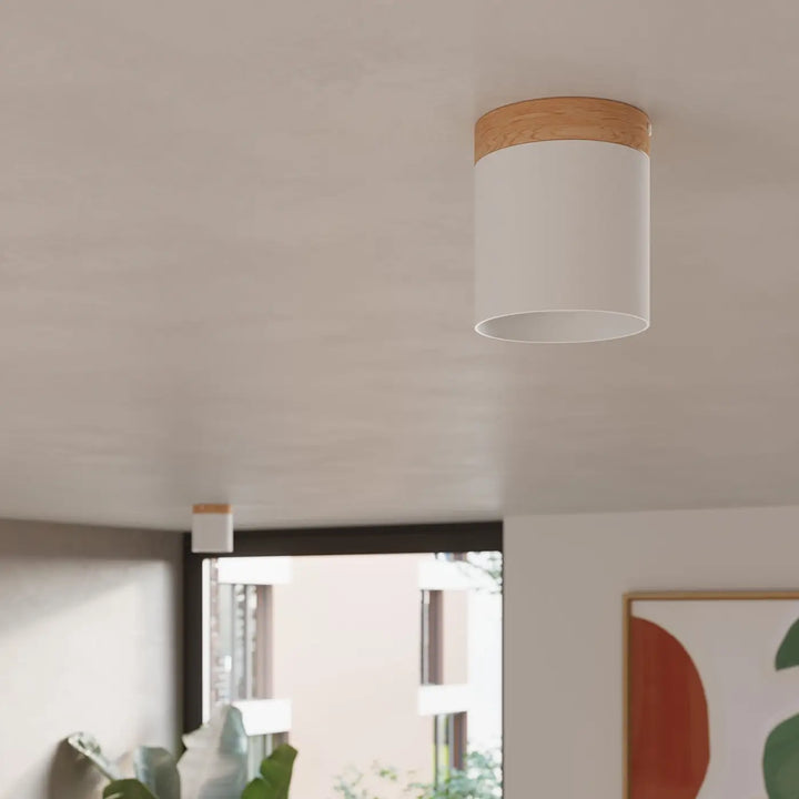 Plafonnier rif blanc cylindrique avec trim en bois naturel offrant des solutions déclairage modernes