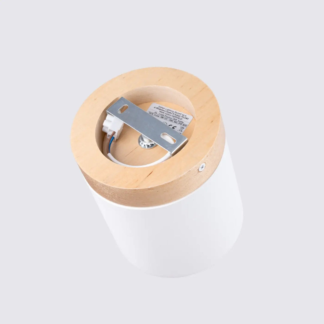 Plafonnier rif blanc cylindrique avec dessus en bois naturel et support métallique pour solutions d’éclairage modernes