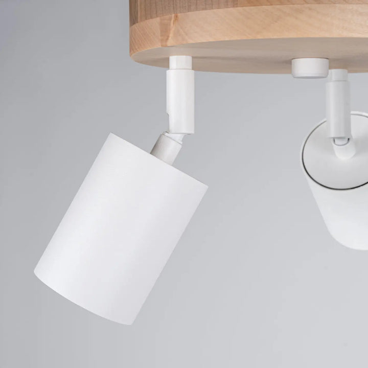 Plafonnier verdo 3p blanc avec design moderne cylindrique en finition mate monté sur base circulaire en bois clair
