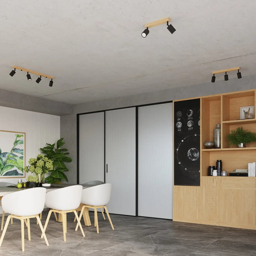 Plafonnier verdo 3p blanc avec spots orientables en bois et noir design moderne pour éclairage intérieur
