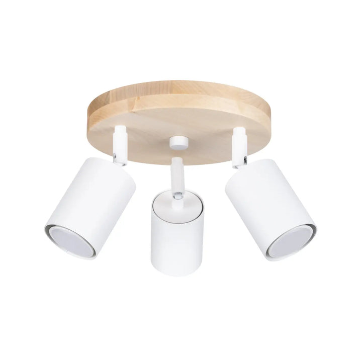 Plafonnier verdo blanc avec spots cylindriques ajustables montés sur base circulaire en bois design moderne