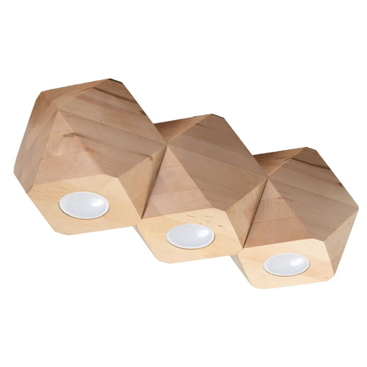 Luminaire plafonnier lampe woody en bois naturel avec trois segments hexagonaux et leds, style loft bois s’intégrera parfaitement