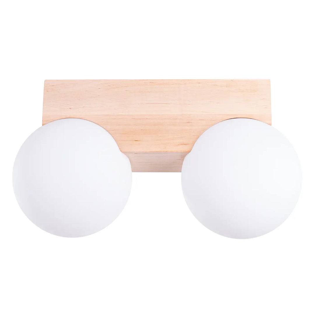 Applique plafonnier bulbo 2 en bois naturel avec double globe en verre dépoli forme minimaliste et combinaison naturelle