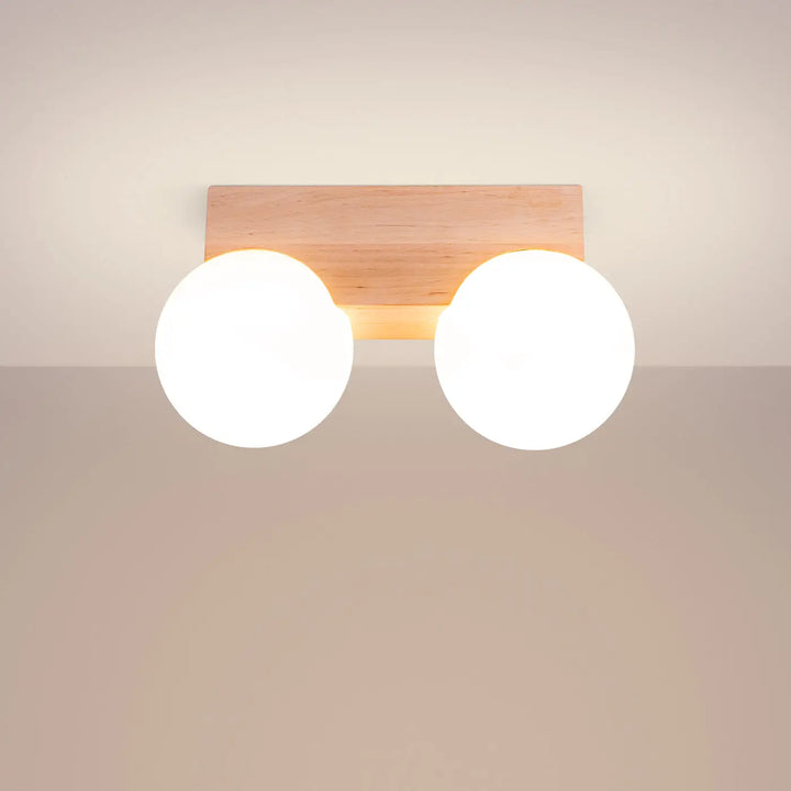 Applique plafonnier bulbo 2 en bois naturel avec forme minimaliste et combinaison naturelle de deux globes blancs lumineux