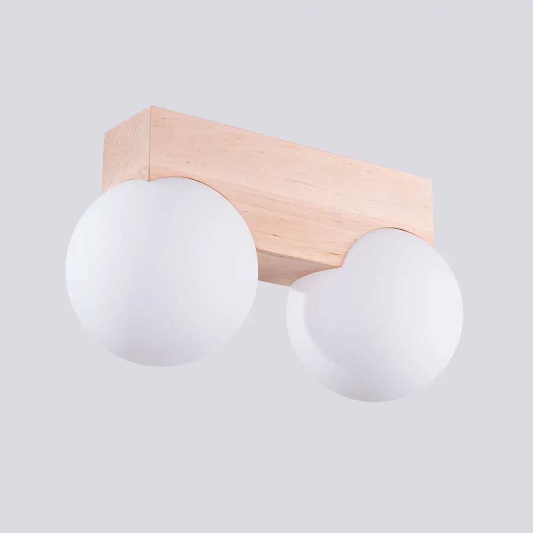 Luminaire plafonnier bulbo 2 en bois naturel avec deux globes en verre dépoli combinaison naturelle et forme minimaliste