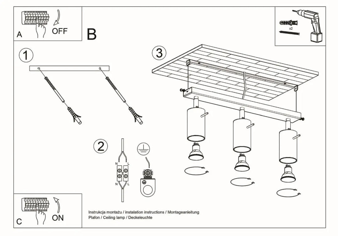 Luminaire plafonnier berg 3 en bois naturel avec abat-jours mobiles et ampoules interchangeables pour plafond