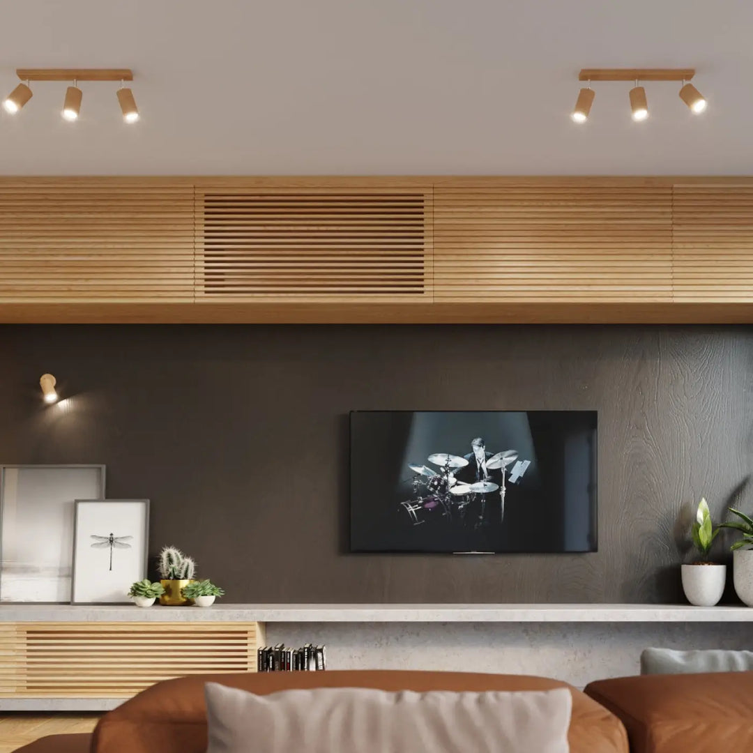 Luminaire plafonnier berg 3 en bois naturel avec abat-jours mobiles et ampoules interchangeables à chaleur douce