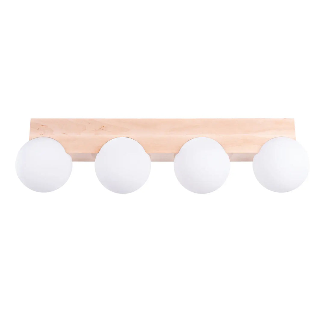 Plafonnier bulbo avec base en bois naturel et quatre globes blancs givrés en forme minimaliste pour une combinaison naturelle
