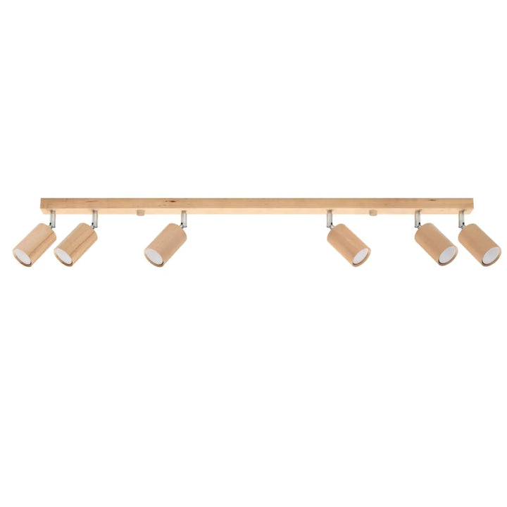 Luminaire plafonnier berg 6 en bois naturel avec six abat-jours berg cylindriques beige mat forme simple
