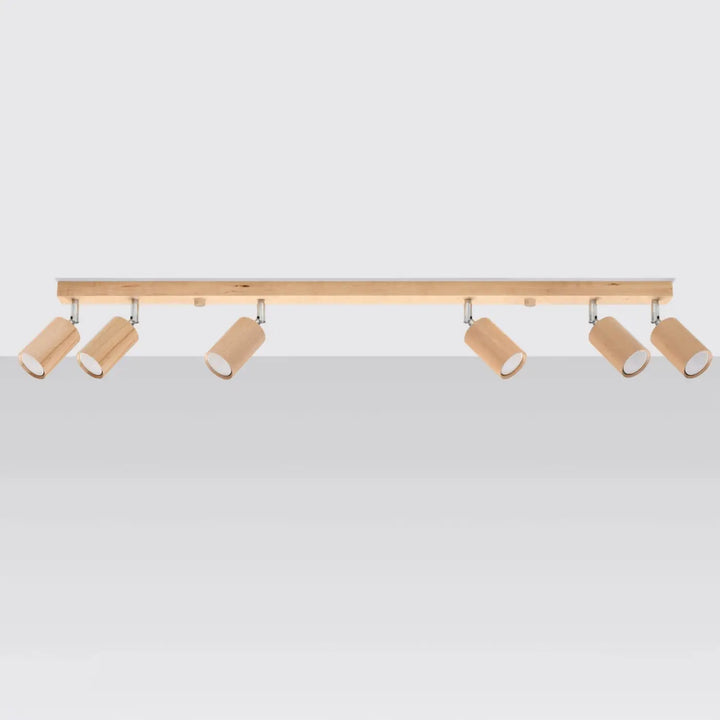 Luminaire plafonnier berg 6 bois naturel avec rail en bois naturel et cinq abat-jours berg cylindriques ajustables forme simple