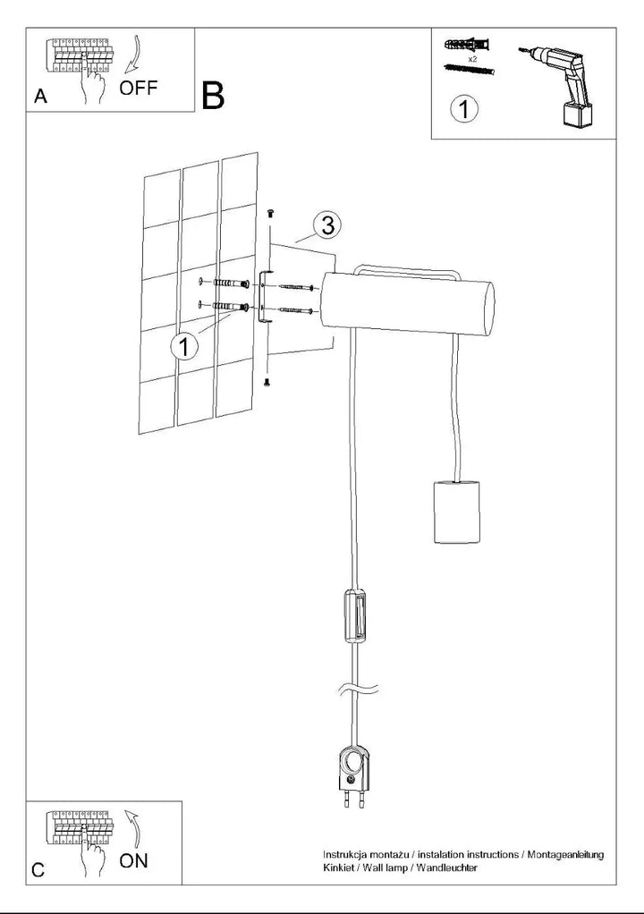 L’applique murale blanche cheminée nimbi avec abat-jour cylindrique et câble avec interrupteur pour intérieur