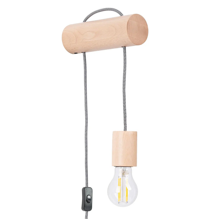 Applique murale nimbmi e27 avec interrupteur en bois naturel et cordon tressé noir et blanc style lampe cheminée nimbi