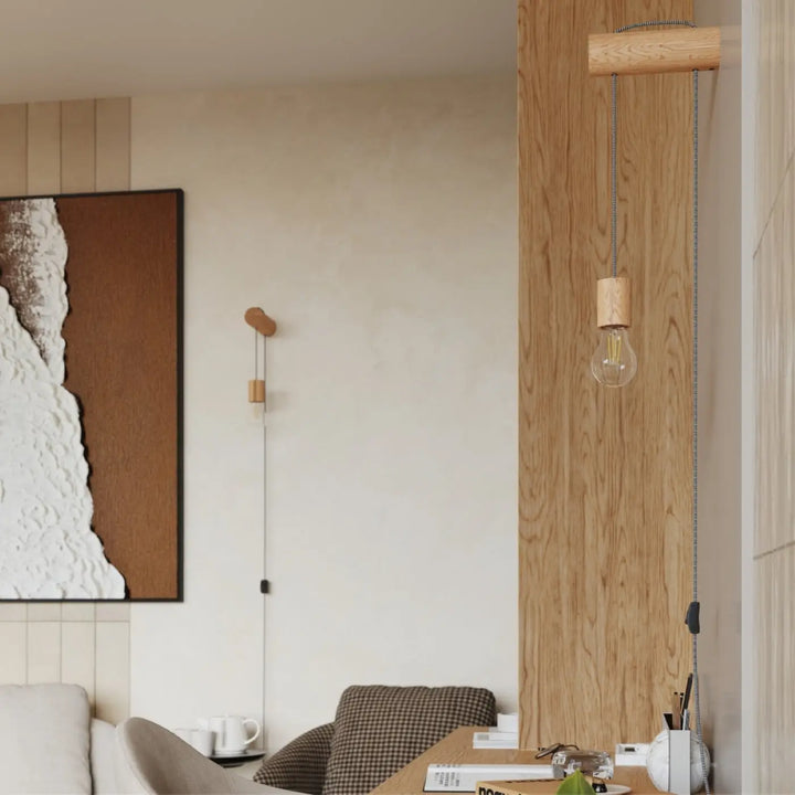 L’applique murale cheminée nimbi en bois naturel avec ampoule filament exposée et interrupteur intégré