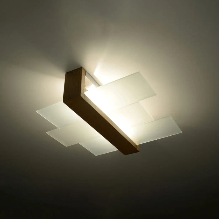Luminaire plafonnier feniks 2 en bois naturel avec panneaux en verre dépoli et cadre en bois foncé design intemporel