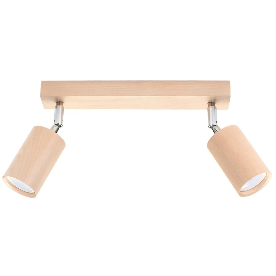 Luminaire plafonnier berg 2 en bois naturel avec deux abat-jours berg cylindriques et accents chrome forme simple
