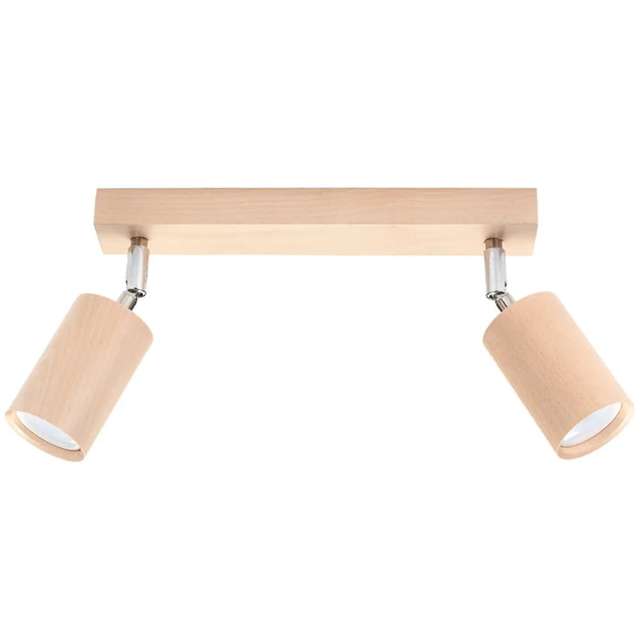 Luminaire plafonnier berg 2 en bois naturel avec deux abat-jours berg cylindriques et accents chrome forme simple