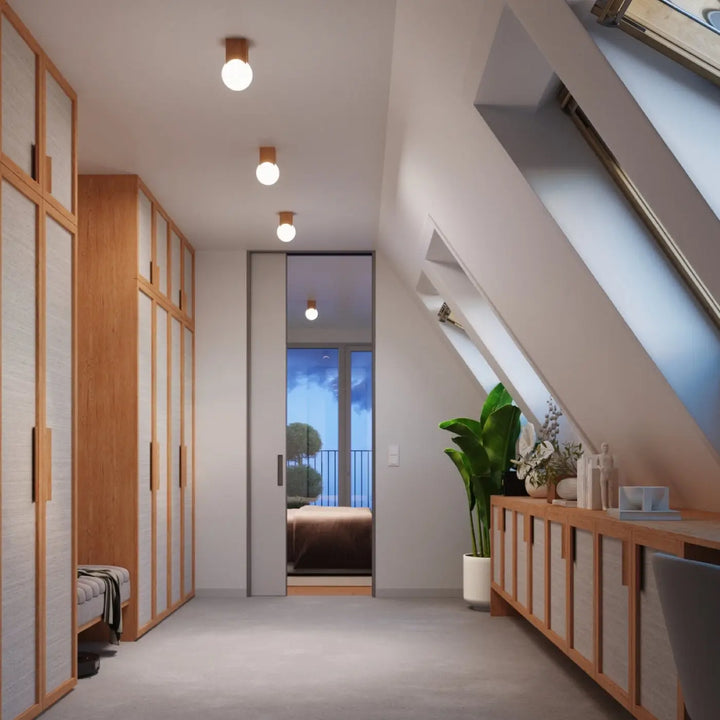 Luminaire plafonnier solis en bois naturel avec abat jour sphérique crée et design minimaliste pour lampe solis