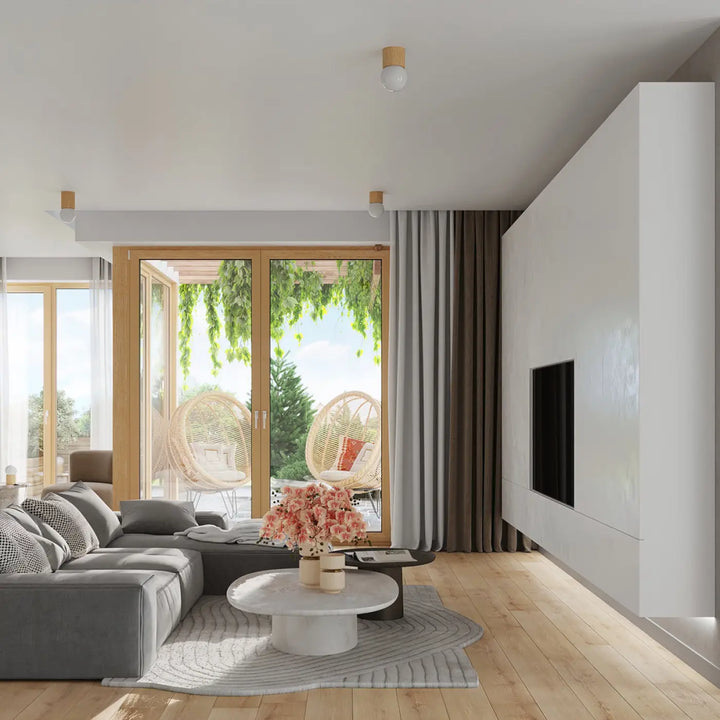 Luminaire plafonnier boomo 12 avec canapé dangle gris et coussins à motif style raffiné minimalisme scandinave