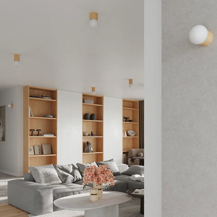 Luminaire plafonnier boomo 12 avec lampes boomo en verre dépoli et bois finition chaude pour un style raffiné minimalisme scandinave