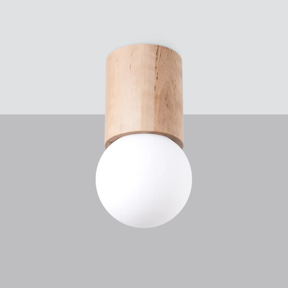 Luminaire plafonnier boomo 12 avec base cylindrique en bois et abat-jour sphérique en verre blanc mat style raffiné minimalisme scandinave