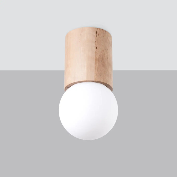 Luminaire plafonnier boomo 12 avec base cylindrique en bois et abat-jour sphérique en verre blanc mat style raffiné minimalisme scandinave