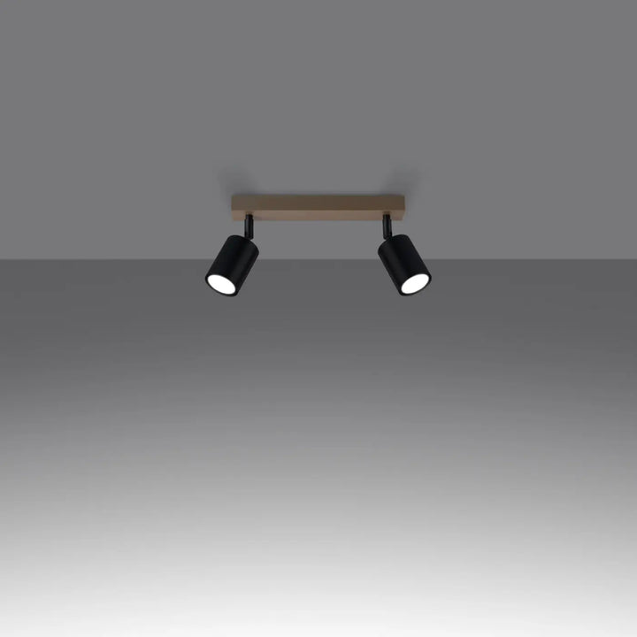 Plafonnier verdo design moderne avec spot noir cylindrique et barre de fixation en bois clair