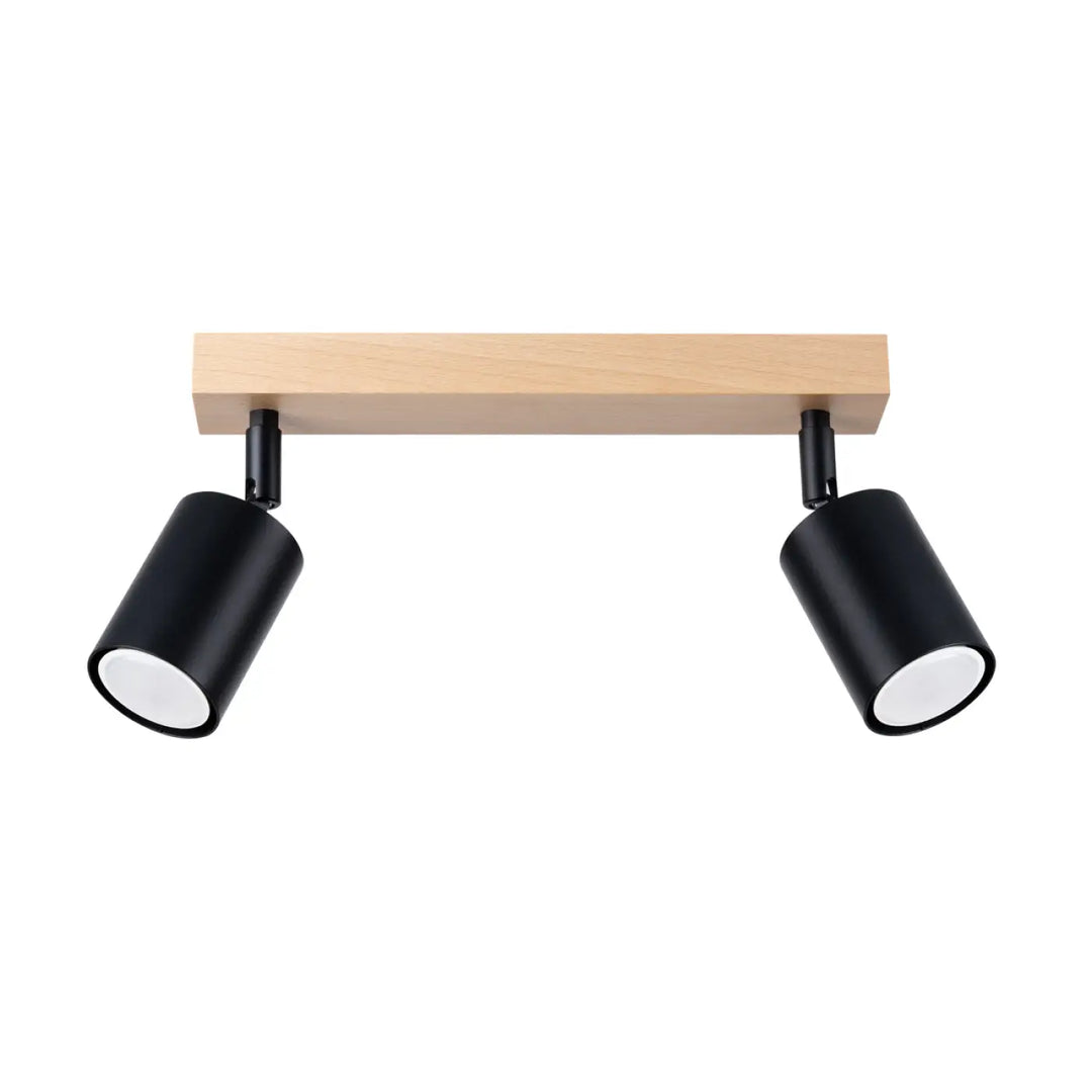 Plafonnier verdo design moderne avec spots cylindriques noirs montés sur barre en bois clair