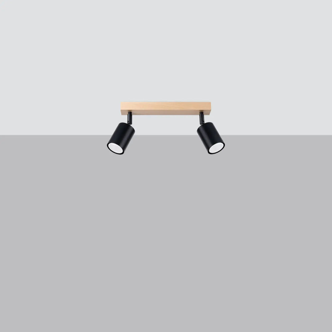 Luminaire plafonnier verdo 2 design moderne avec double spot noir et barre de fixation en bois naturel