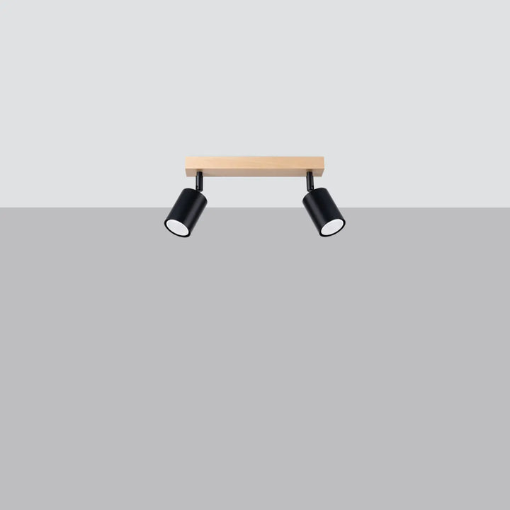 Luminaire plafonnier verdo 2 design moderne avec double spot noir et barre de fixation en bois naturel