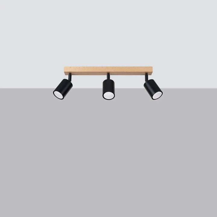 Plafonnier verdo noir design moderne avec spots cylindriques montés sur une poutre en bois clair