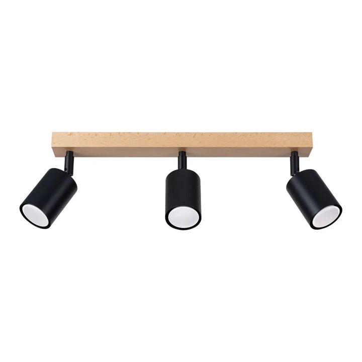 Plafonnier verdo 3l noir avec design moderne, spots cylindriques noirs montés sur une poutre en bois clair