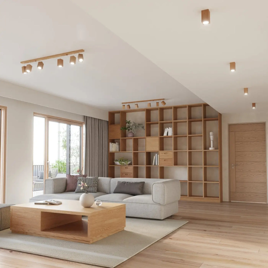 Plafonnier keke en bois clair style loft avec spots réglables monté au plafond pour sentez-vous mieux