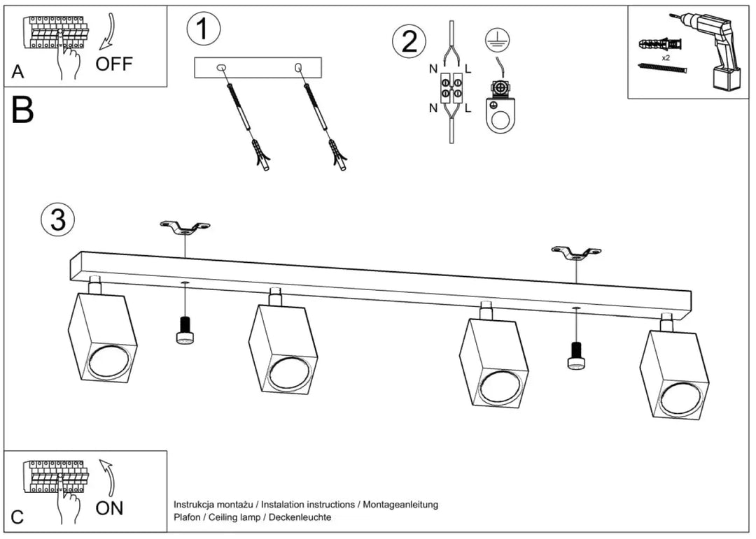 Diagramme dinstallation dune plafonnier keke 4 chêne avec spots réglables pour un style loft sentez-vous mieux