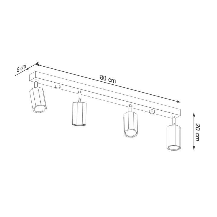 Plafonnier zeke 4 style loft avec quatre spots cylindriques réglables sur barre chêne moderne et minimaliste