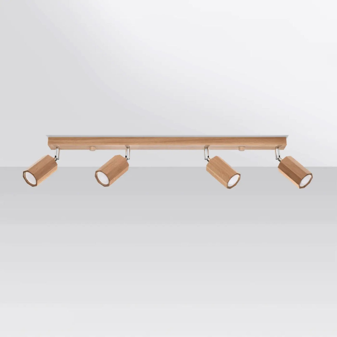 Plafonnier zeke 4 en chêne avec quatre luminaires cylindriques réglables pour un style loft lumineux