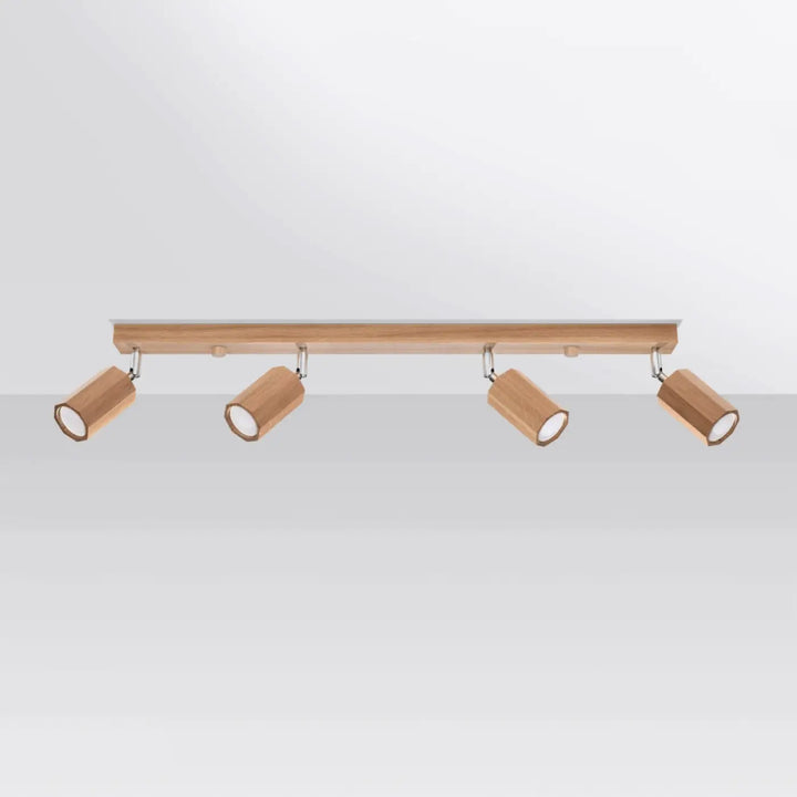 Plafonnier zeke 4 en chêne avec quatre luminaires cylindriques réglables pour un style loft lumineux