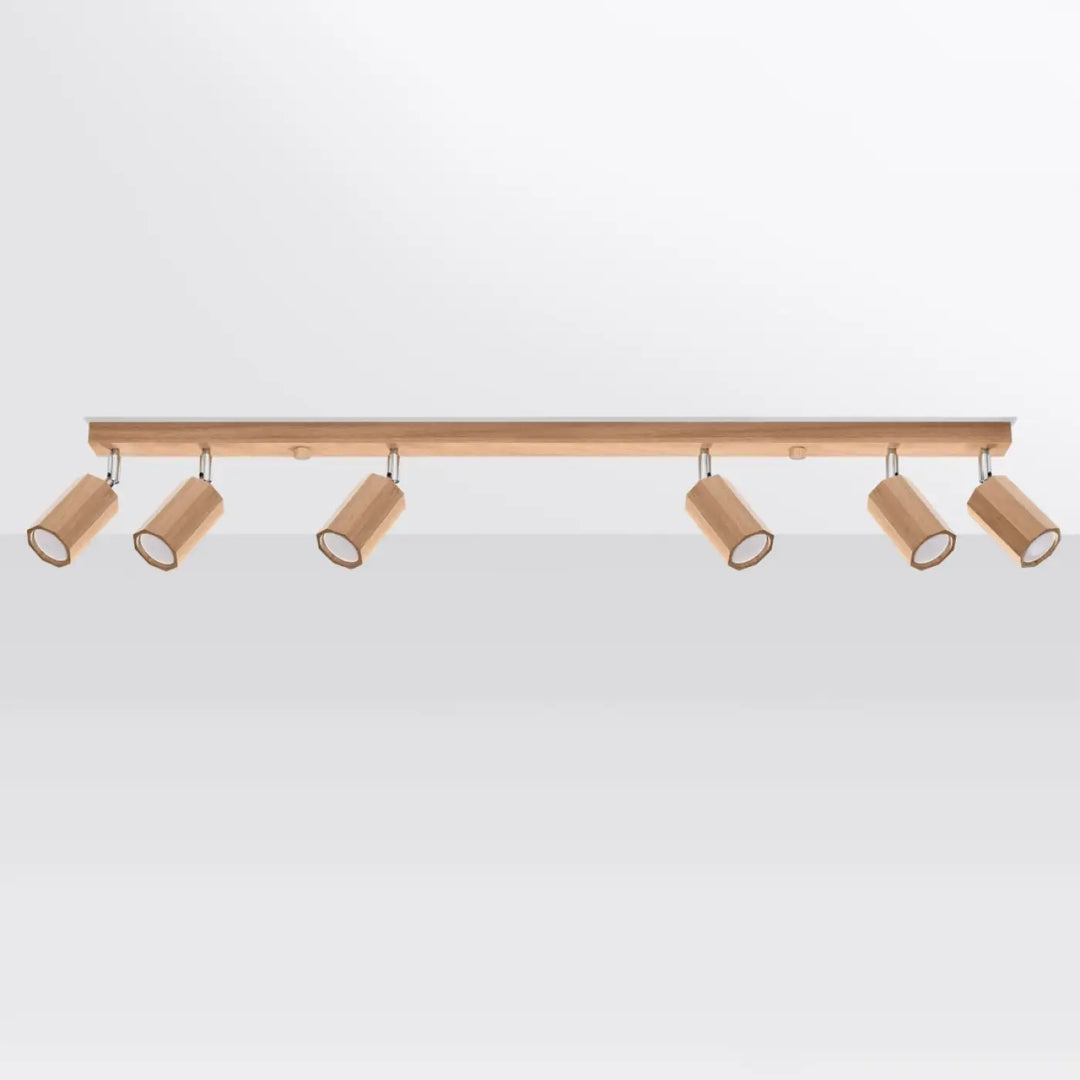 Plafonnier zeke 6 en bois clair avec six spots ajustables cuivre bois s intégrera parfaitement en intérieur