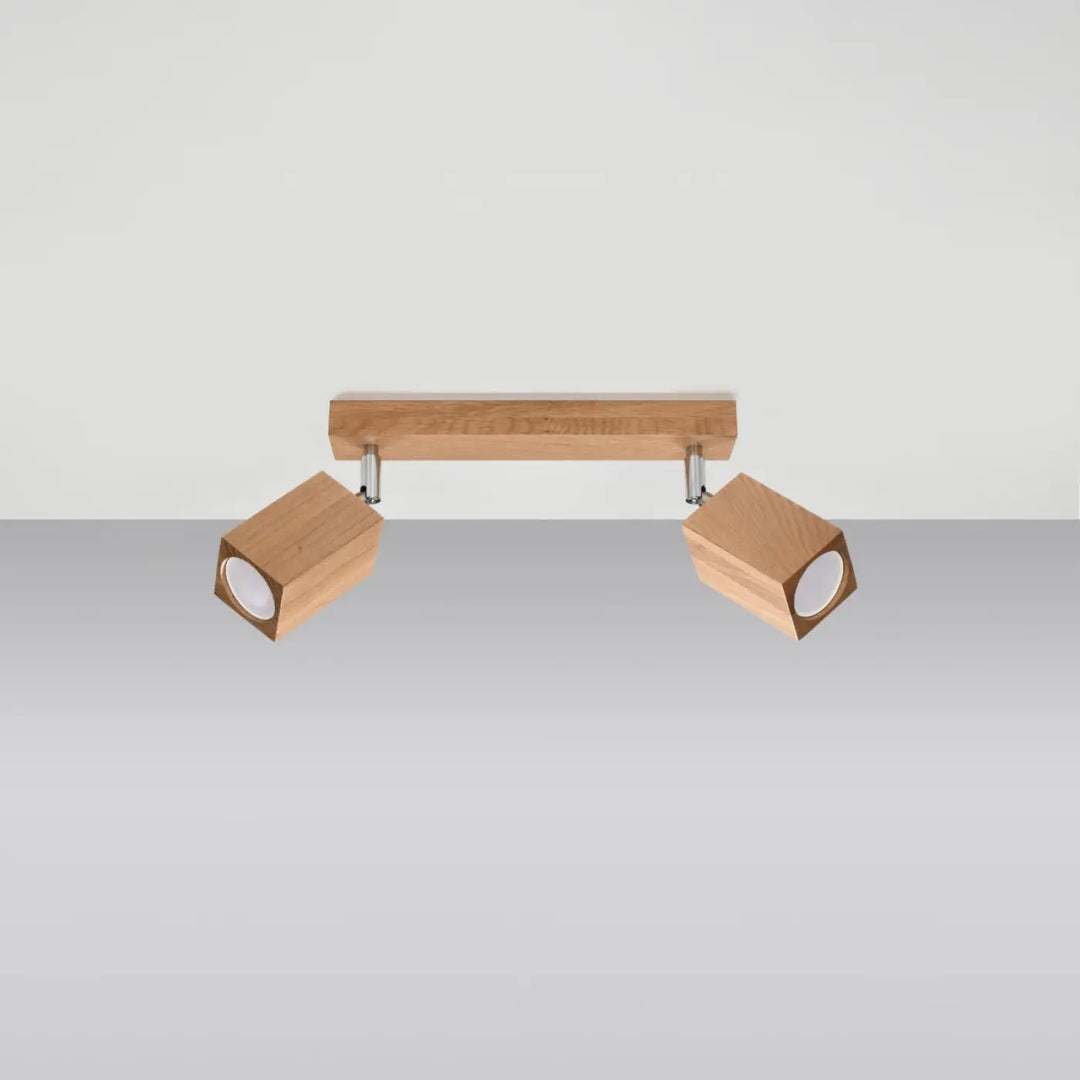 Luminaire plafonnier lampe keke 2 style loft en bois chêne naturel avec double tête et fixation métallique