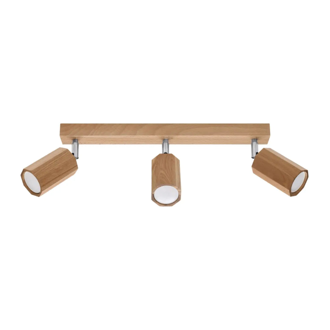 Luminaire plafonnier zeke 3 en bois clair avec trois têtes cylindriques hexagonales qui s’intégrera parfaitement